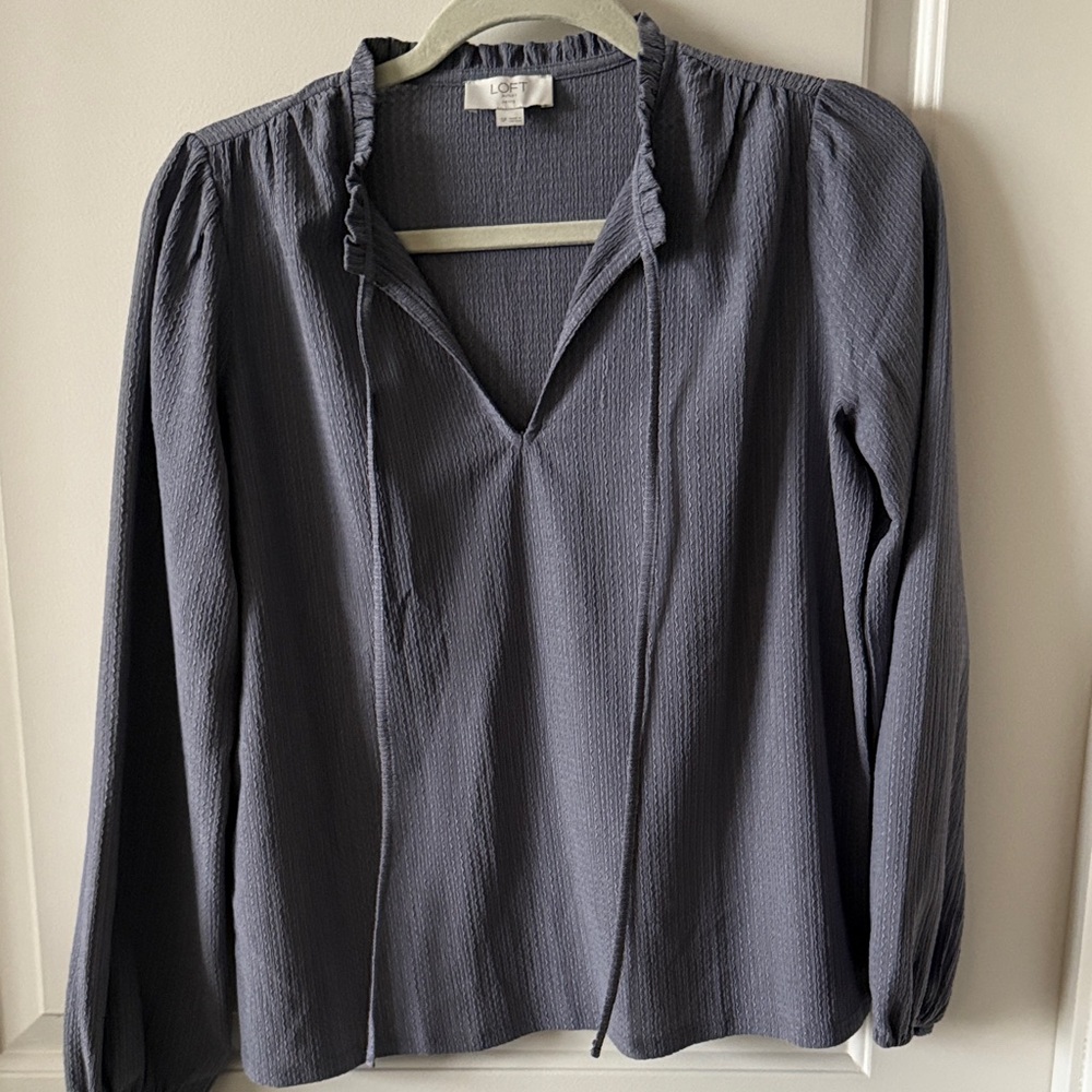 Loft Charcoal Blouse with Ruffled Neckline